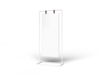 3D Realistic floor standing display mockup with metal base and leather. Blank portable vertical info white placard sign holder stand for presentation poster, banner, ads, products or exhibition info