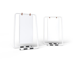 3D Realistic floor standing display mockup with metal base and leather. Blank portable vertical info white placard sign holder stand for presentation poster, banner, ads, products or exhibition info