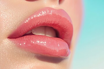 close-up shot of glossy cherry-red lips shimmering under golden sunlight