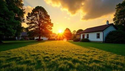 Golden hour sunset casts long shadows on lush green lawn near homes , real estate, evening