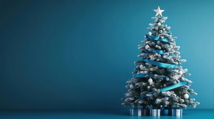 Christmas Tree with Blue Decorations and Star on Dark Background