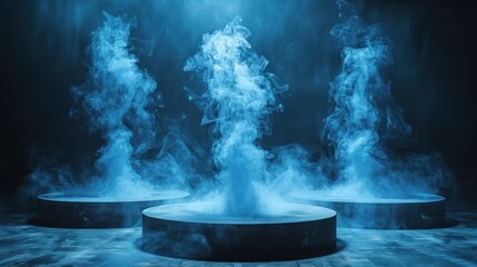Blue smoke podiums, dark studio, product display