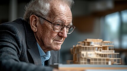 An elder architect, clad in tailored suits and spectacles, scrutinized a meticulously crafted architectural model, his brow furrowed in concentration as he assessed its intricate details and