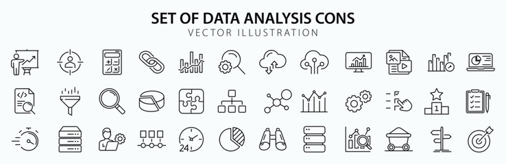 Data analysis set of web icons in line style. Data analytics icons for web and mobile app. Graphs, traffic analysis, data processing, research network collection, statistics, analytics, performance.