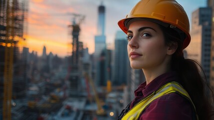 A woman, a master of construction, expertly guided a crew of builders, engineers, and workers as they constructed a towering building, her protective helmet a symbol of her dedication and safety.