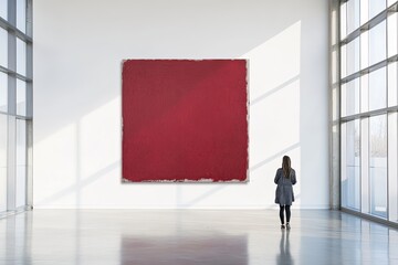 Fototapeta premium contemporary art gallery bathed in warm golden sunlight featuring striking abstract painting in deep cherry-red hues