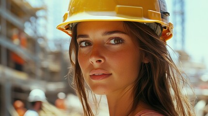 A woman, a master of construction, expertly guided a crew of builders, engineers, and workers as they constructed a towering building, her protective helmet a symbol of her dedication and safety.