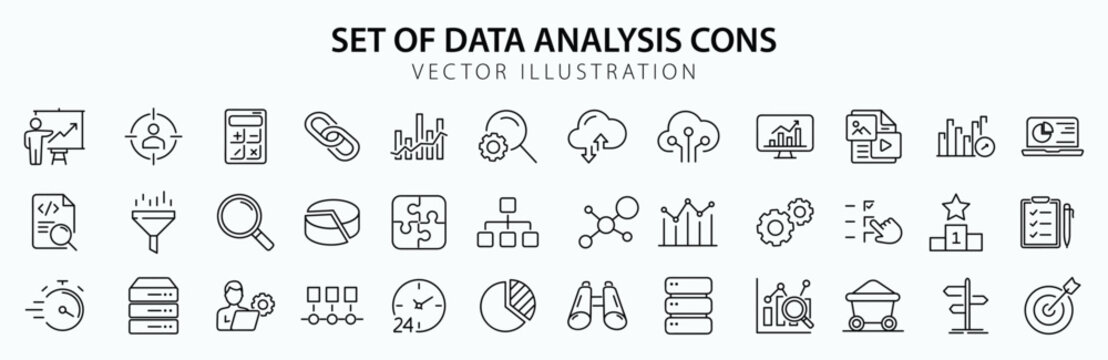 Data analysis set of web icons in line style. Data analytics icons for web and mobile app. Graphs, traffic analysis, data processing, research network collection, statistics, analytics, performance.