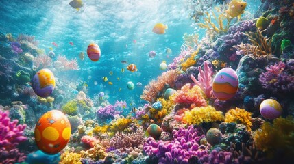 Colorful Easter Eggs Amongst Vibrant Coral Reef and Tropical Fish Underwater