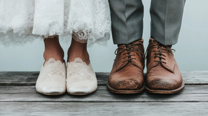 Beautiful bride and groom standing together in their elegant wedding attire next to each other's shoes in a romantic setting