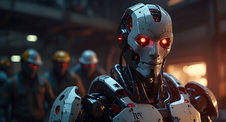 Fototapeta premium A humanoid robot with red eyes is positioned in front of other robots, engaged in building a futuristic city at a construction site. 