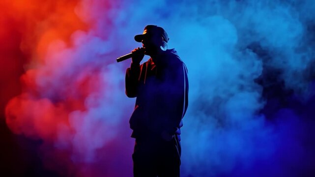 Silhouette of Performer Holding Microphone Stands Against Vibrant Background of Red and Blue Smoke, Creating Dramatic and Dynamic Atmosphere with Swirling Colors