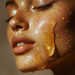 Obraz premium Woman with a generous layer of honey on her face radiating natural beauty and skincare benefits in a relaxed atmosphere
