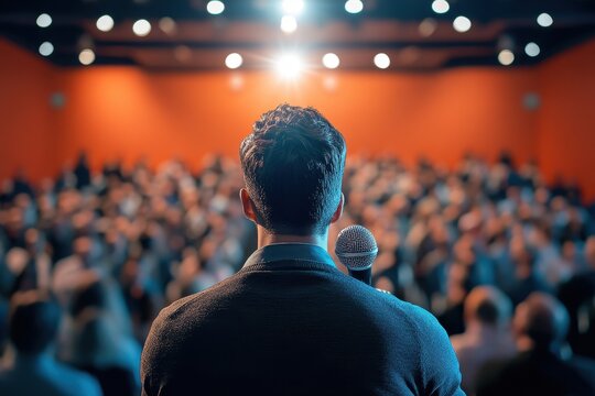 Under the spotlight a professional speaker captivates the audience with their expertise and powerful presentation