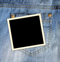 Nostalgic scrapbooking banner with jeans pocket of indigo color and retro frame photo. Vertical...