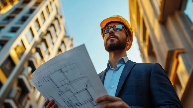 A confident architect, clad in a crisp suit and a sturdy hard hat, stands tall, his gaze fixed on the blueprint he holds aloft, a symbol of his creative vision and unwavering commitment to building