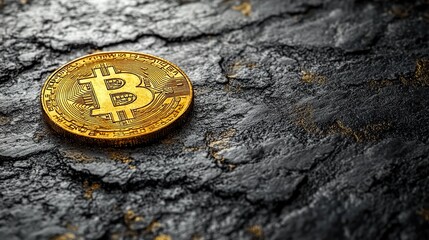 A gleaming golden bitcoin, on a mottled textured surface, symbolizes cryptocurrency investment's tangible nature and modern finance potential.