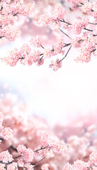 Vertical banner with sakura flowers of pink color on sunny backdrop. Beautiful nature spring background with a branch of blooming sakura. Sakura blossoming season in Japan © frenta