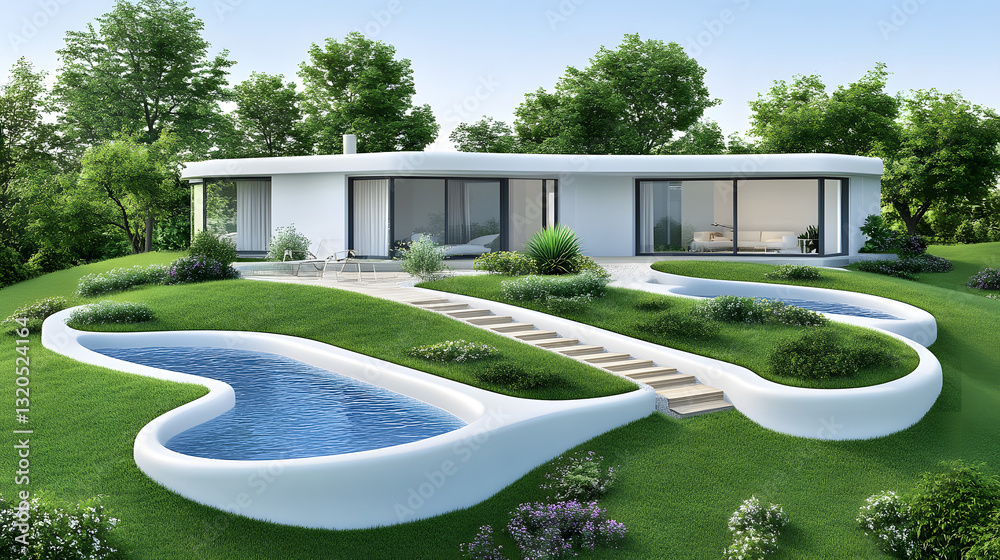 Poster a modern house with a unique design, surrounded by green grass and trees, featuring curvy pools and 