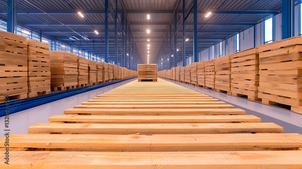 Poster A spacious warehouse filled with neatly stacked wooden pallets, creating a symmetrical and organized storage environment