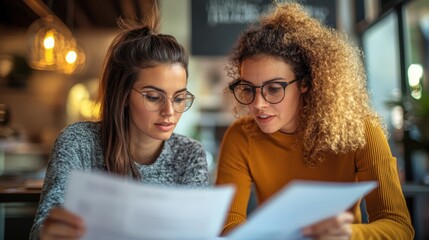 Two successful female business partners, their faces illuminated by a shared sense of accomplishment, exchanged knowing glances as they meticulously reviewed a document together, their collaborative