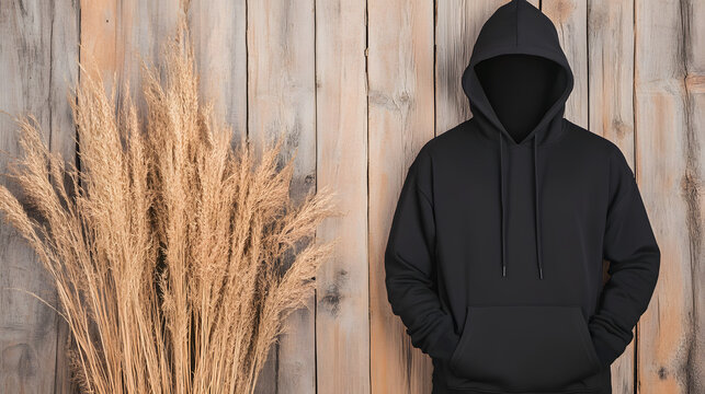 A faceless individual in a black hoodie stands against a wooden wall, accompanied by tall, dried grass, creating a minimalist aesthetic
