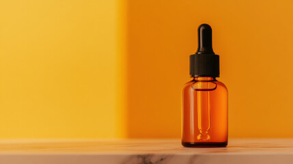 Fototapeta premium Beautiful bottle of essential oil placed on marble countertop with sunlight reflecting for a relaxing atmosphere