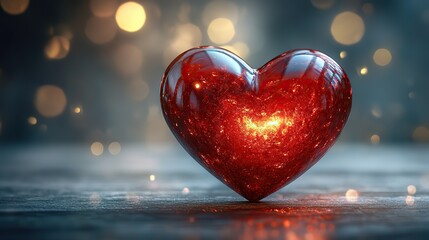 A glossy red heart, perfect for Valentine's Day, anniversaries, or declarations of love, lies on a light wooden table, representing affection and romance.