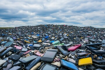 Massive pile of discarded smartphones in a landfill, symbolizing electronic waste, environmental pollution, consumerism, and the impact of technology on nature. Copy space