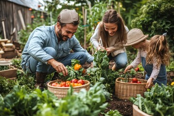 Fototapeta premium Family gardening in backyard vegetable garden, vegetable garden concept
