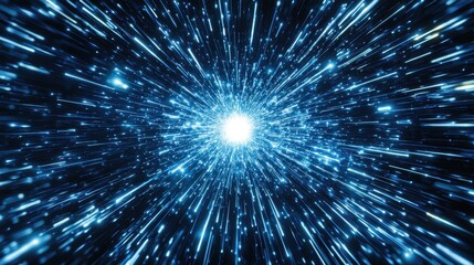 Neon speed rays abstract background, featuring a blue cosmic blast with radiant light streaks traveling at hyperspeed through space.