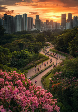 A photograph of the track at Sengkang Park in Singapore, with greenery and flowers lining both sides. The city skyline is visible behind it. People running on the track.