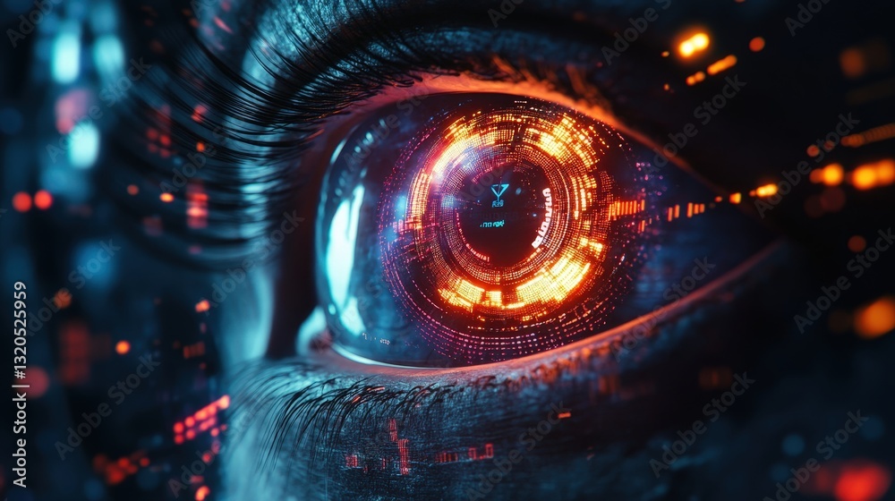 Poster digital eye surrounded by data visualizations and graphs, representing the power of ai in virtual bu