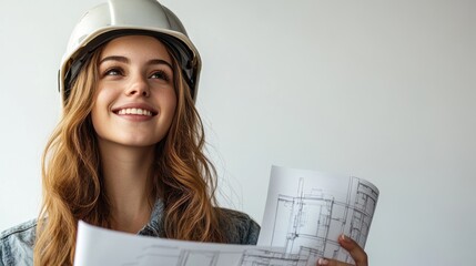 A young Caucasian woman, adorned in a helmet, her smile radiating joy as she held blueprints aloft, her brow furrowed in concentration, against a stark, white backdrop, symbolizing her passion and
