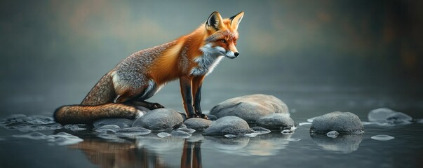 A beautiful red fox sitting on stones near water