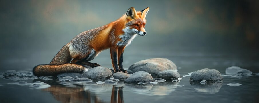 A beautiful red fox sitting on stones near water