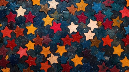 Colorful assorted five pointed stars are arranged against a dark textured background
