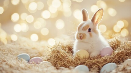 Cute rabbit sitting in a nest of straw surrounded by pastel easter eggs allows happiness to emerge gently