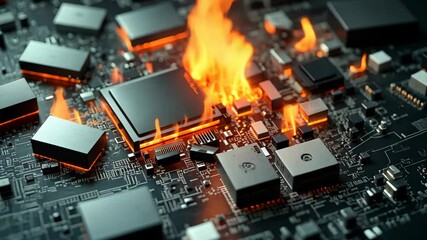 A close-up of a circuit board featuring glowing orange flames erupting from a processor, symbolizing heat and electronic activity. - Powered by Adobe