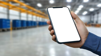 Warehouse worker using smartphone for inventory management and logistics coordination