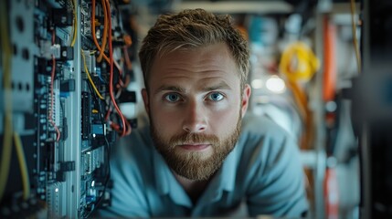 IT technician in a server room checks the network cables.