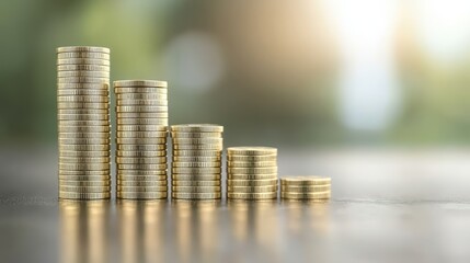 Stacks of coins on a table, visual representation of savings, investment, and financial growth