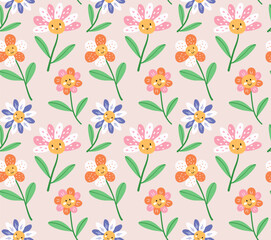 Cute Spring Floral Seamless Pattern with happy Cartoon flowers and leaves in pastel colors. Baby Background for textiles, wallpapers, and prints. Bright, cheerful, and kawaii illustration