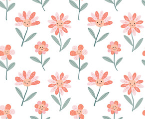 Flower Seamless Pattern with Cute Floral elements creates Spring Background. Nature-inspired Happy Cartoon design with Pink Garden Blossom. Decorative Plant and Leaf illustration in bright pastel tone
