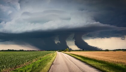 destructive tornado approaches rural road through fields