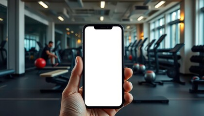 Clean gym, minimalist smartphone, blank screen, fitness equipment, shadow, studio