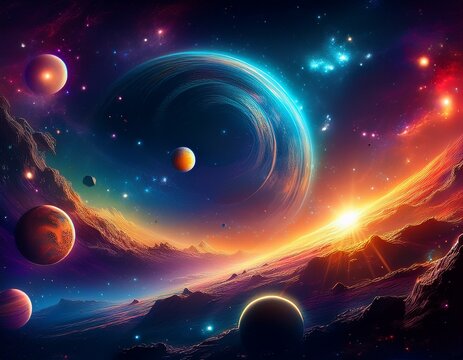 universe galaxy space background nebula planets starts suns and planets colorful wallpaper science astronomy telescope view - Powered by Adobe