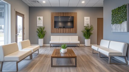 Fototapeta premium Modern living room with a minimalist design, featuring a white sofa and wooden elements.