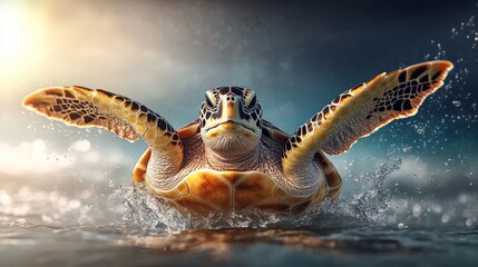 Obraz premium Turtle is swimming in the ocean with its head up and its body in the water. The turtle is in the middle of the ocean and is surrounded by water