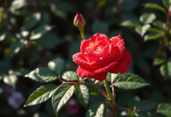 Dew-kissed red rose, vibrant petals, lush green leaves, soft morning light, color, macro